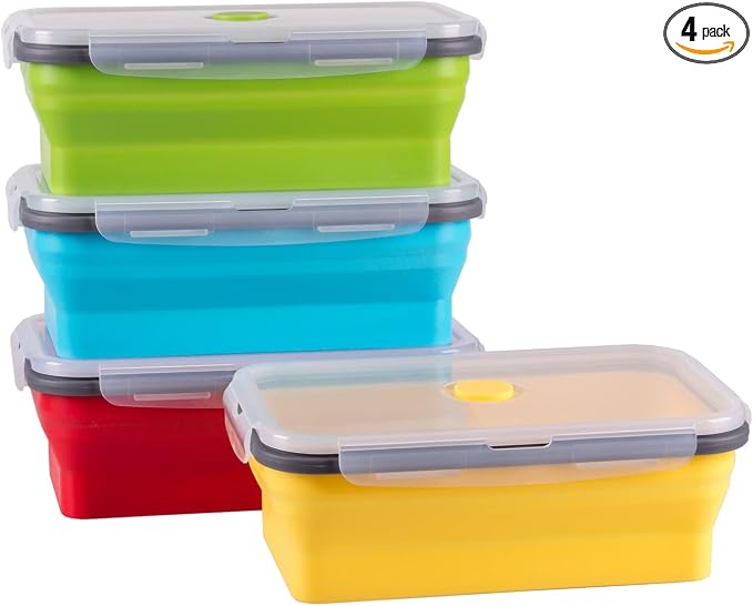 Collapsible Food Storage Containers with Airtight Lid, 40.5 oz, Large Kitchen Stacking Silicone Collapsible Meal Prep Container Set for Leftover, Microwave Freezer Dishwasher Safe, 4 Colors, Set of 4 by Annaklin