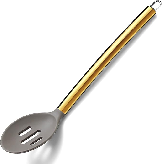 Berglander Non-stick Silicone Slotted Spoon, Titanium Gold Plated Handle, Basting Spoon, Dishwasher Safe, Easy to Clean by Berglander