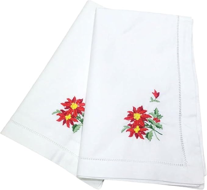 Embroidered Cloth Napkin Red Poinsettia and Holly Christmas Cotton Napkins Set of 6, 20 x 20 Hemstitch Table Napkins Machine Washable, Daily & Holidays, Great Gift Ideas by Unknown