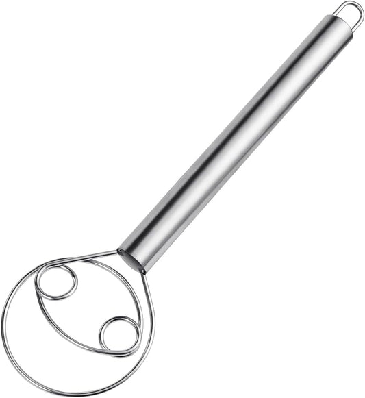 HOTUT 12 Inch Thinp Danish Dough Whisk, Double Eyes Stainless Steel Danish Dough Whisk, Handheld Stainless Steel Double Circle Flour Dough Whisk, Dough Whisk for Whisking, Baking, Beating, Frothing by HOTUT