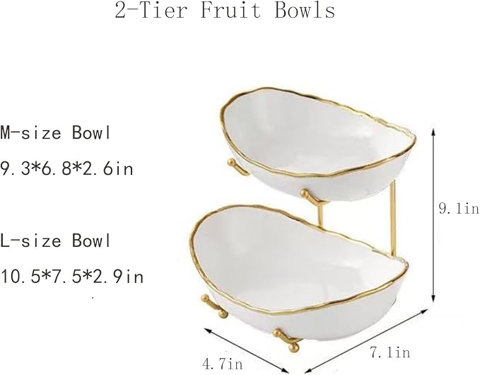 2-Tier Fruit Bowls for Kitchen Counter,Ceramic White Bowl with Gold Metal Stand,2 Tier Fruit Basket for Fruit,Snack,Cake,Nuts,Dessert Space Saving Storage - Image 2