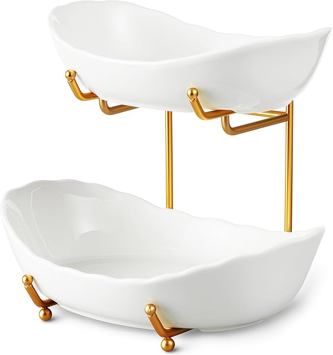 2 Tier Fruit Bowl, Ceramic Fruit Basket for Kitchen Counter | Fruit Holder for Kitchen, with Metal Stand, No Installation Required, Save Space, Easy to Clean, Modern, Gold&White, Small by MakeYourHomeCozier%EF%BC%81