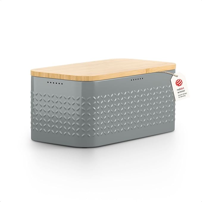 LARS NYSØM Bread Box I Metal bread box for long lasting freshness with non-slip pads I Baked goods Bin with bamboo lid usable as cutting board I 13.6x7.3x6.2in (Ash Gray) by LN