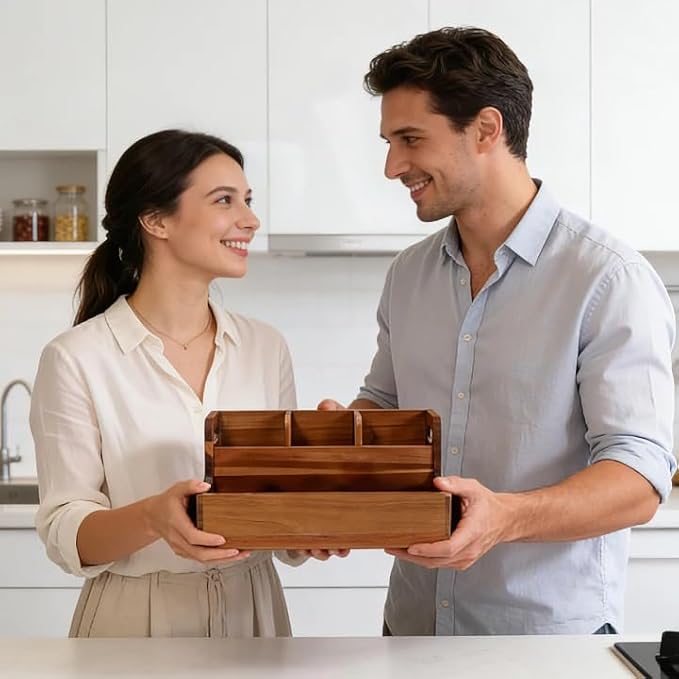 Kitchen Utensil Holder for Countertop with 4 Compartments Acacia Large Utensil Holder Wooden Storage for Cooking,Baking,Flatware Tool Kitchen Utensil Organizer. ﻿. - Image 6