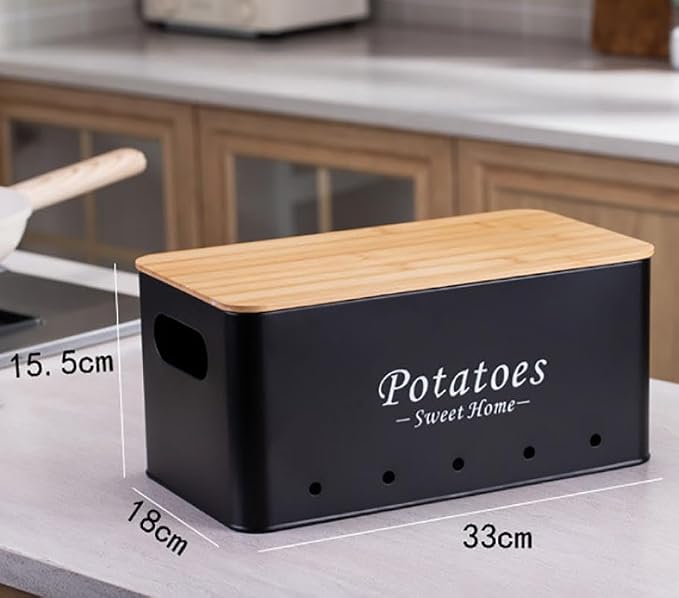 Kitchen Vegetable Storage Tins Set Of 3, Potato Onion Garlic Canisters | Storing potatoes, onions, and garlic. Features aerating holes to keep vegetables fresh and wooden lids for a stylish look - Image 4
