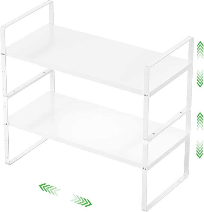 Expandable Cabinet Shelf, Stackable Organizer Rack, White Large 2 PK | Adjustable Fit, Stackable Height Options, Nonslip Base, Larger Capacity, Cabinet/Pantry Organization by SOFRON