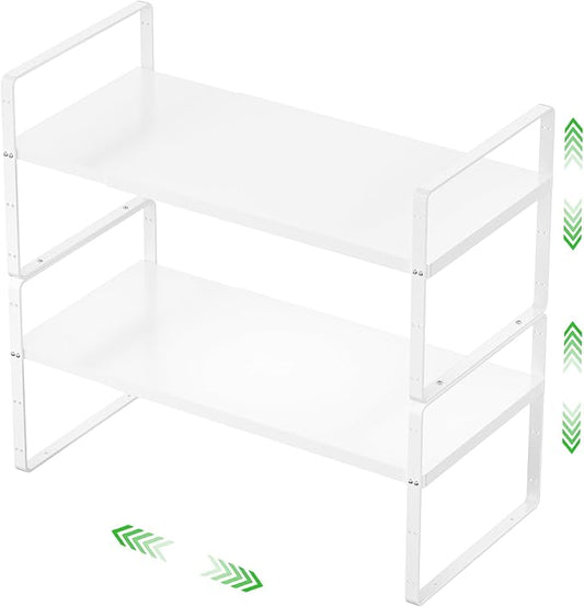 Expandable Cabinet Shelf, Stackable Organizer Rack, White Large 2 PK | Adjustable Fit, Stackable Height Options, Nonslip Base, Larger Capacity, Cabinet/Pantry Organization by SOFRON