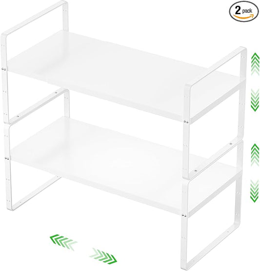 Expandable Cabinet Shelf, Stackable Organizer Rack, White Small 2 PK | Adjustable Fit, Stackable Height Options, Nonslip Base, Larger Capacity, Cabinet/Pantry Organization by SOFRON