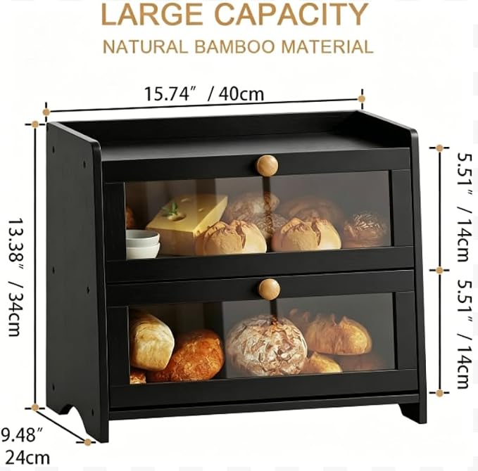 BAMBANG Bread Box for Kitchen Countertop, Extra Large Bamboo Bread Storage Container for Homemade Bread, Double Layer Breadox, Bread Bin Organizer for Counter Cabinet Pantry, Black - Image 3