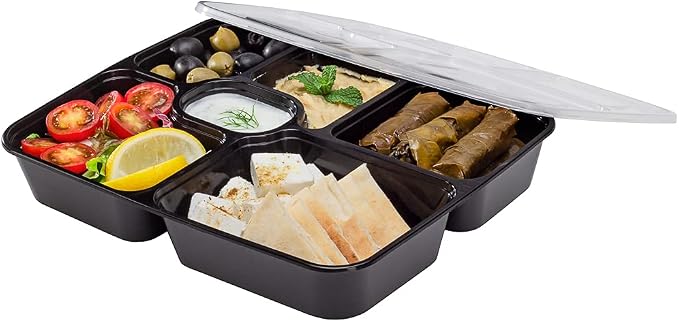 Restaurantware Asporto 53 Ounce Food Containers 100 Microwavable Take Out Food Containers - Clear Plastic Lids Included WIth 6 Compartments Black Plastic Catering Food Containers Disposable - Image 9