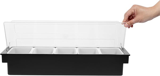 Restaurantware Bar Lux 19.6 x 6.3 x 3.7 Inch Condiment Caddy 1 Durable Bar Caddy - 5 Removable Compartments Built-In Lid Black Plastic Condiment Holder For Restaurant Store Cocktail Garnish - Image 12