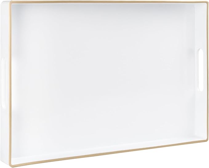 White Decorative Tray for Coffee Table, Serving Tray with Handles | Plastic Melamine Tray, Modern Ottoman Tray, Rectangular Countertop Organizer Tray for Living Room, 15.8"L x 10.2"W x 1.4"H by MAONAME