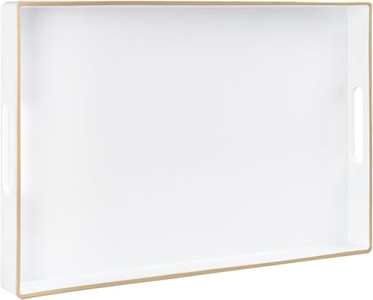 White Decorative Tray for Coffee Table, Serving Tray with Handles | Plastic Melamine Tray, Modern Ottoman Tray, Rectangular Countertop Organizer Tray for Living Room, 15.8"L x 10.2"W x 1.4"H by MAONAME