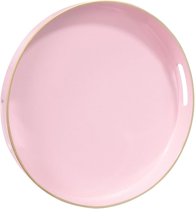 13" Pink Decorative Tray, Plastic Round Serving Tray with Handles | Decorative Tray for Coffee Table, Modern Ottoman Tray, Circle Tea Tray, Round Melamine Tray for Living Room, Bathroom by MAONAME
