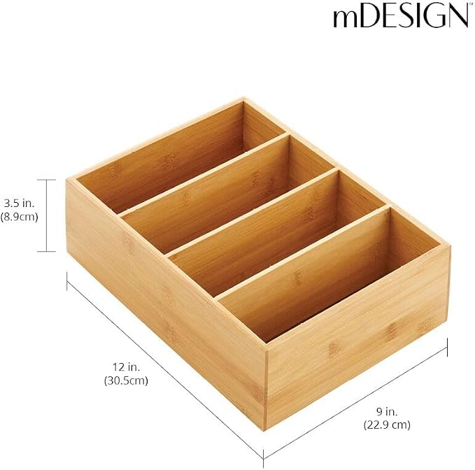 mDesign Bamboo Wood Food Storage Organizer Box, 4 Section, Divided Compartment Bin; Container for Kitchen, Pantry; Holder for Spices, Snacks, Tea, Coffee Cup - Echo Collection - 2 Pack - Natural - Image 4