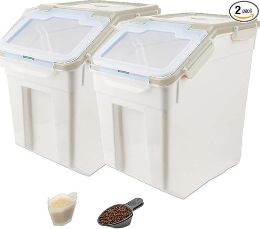 50LB Large Flour Storage Container Bin,2 Pack Airtight Plastic with Wheels Seal Locking Lid Dispenser Organizer Bin with Measuring Cup & Scoop for Flour, Rice, Grain 100LBS Total Capacity(Grey) by YXQ