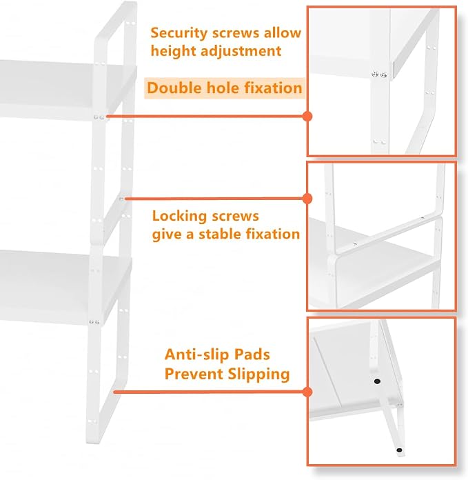 Slideep Expandable Counter Organizer Shelf, Stackable Cabinet Shelves Organizer Storage Rack Cupboard Stand Spice Rack for Kitchen Bathroom Pantry White -2 Set - Image 3