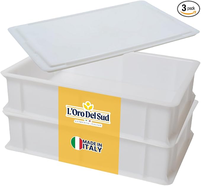 L'Oro Del Sud Home Refrigerator Size, Dough Proofing Tray (2 Pack + 1 Lid) | White Stackable, Commercial Grade, Pizza Proofing Dough Pans with Lid (16 inch x 12 inch x 4 inch), Product of Italy by LOroDelSud