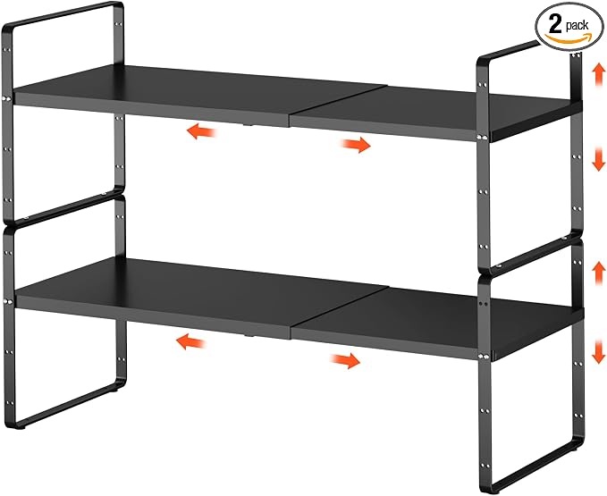 2pcs Expandable Cabinet Shelf Organizer, 16.5"~27''L, Black | Stackable, Adjustable Height, For Cabinet, Countertop, Pantry & Cupboard, Pantry Spice Rack, 10.2" W x 9.6" H by jkxoo
