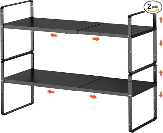 2pcs Expandable Cabinet Shelf Organizer, 16.5"~27''L, Black | Stackable, Adjustable Height, For Cabinet, Countertop, Pantry & Cupboard, Pantry Spice Rack, 10.2" W x 9.6" H by jkxoo