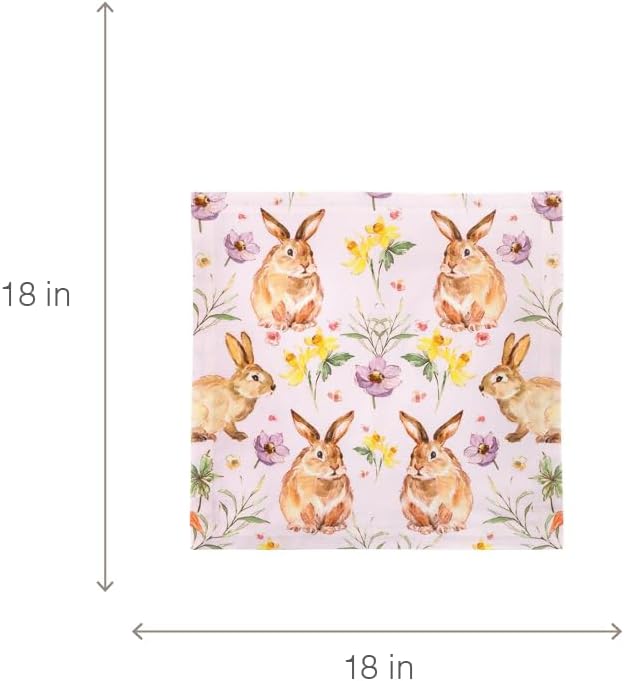 47th & Main Set of 4 100% Cotton Cloth Table Napkins for Dining, 18" Square, Brown Bunnies with Yellow Flowers - Image 3