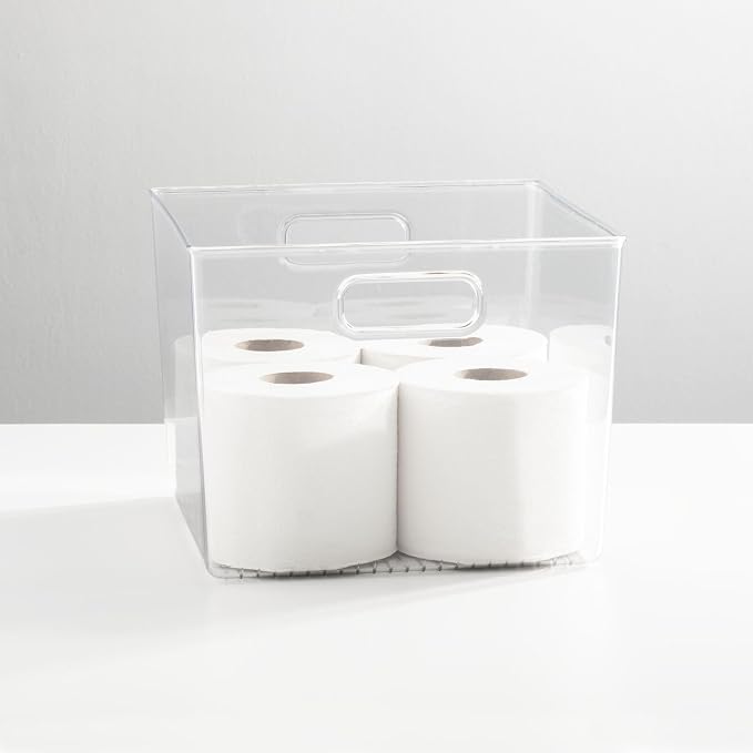 mDesign Plastic Modern Storage Organizer Bin Basket with Handles for Bathroom Organization - Shelf, Cubby, Cabinet, Vanity, and Closet Organizing Decor - Ligne Collection - Clear - Image 2