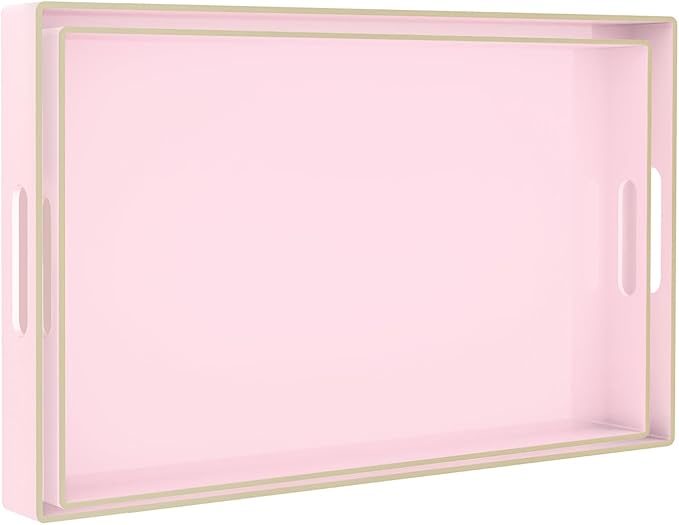 Pink Serving Tray with Handles, Plastic Decorative Tray Set of 2 | Pink Decorative Tray for Coffee Table, Modern Ottoman Tray, Rectangle Melamine Tray for Living Room, 15.8"L x 10.2"W x 1.4"H by MAONAME
