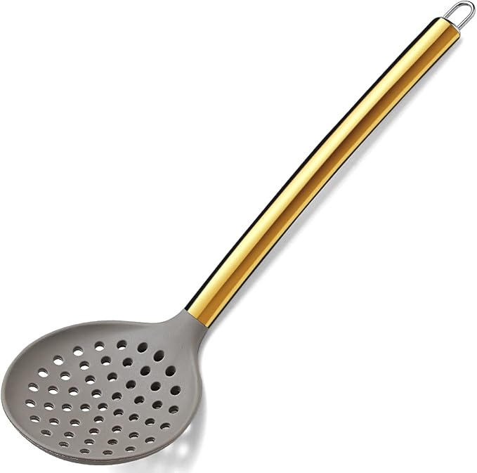 Gold Skimmer, Berglander Non-stick Silicone Strainer With Titanium Gold Plating handle, Kitchen Cooking Skimmers For Non-Stick Cookware, Dishwasher Safe, Easy to Clean by Berglander