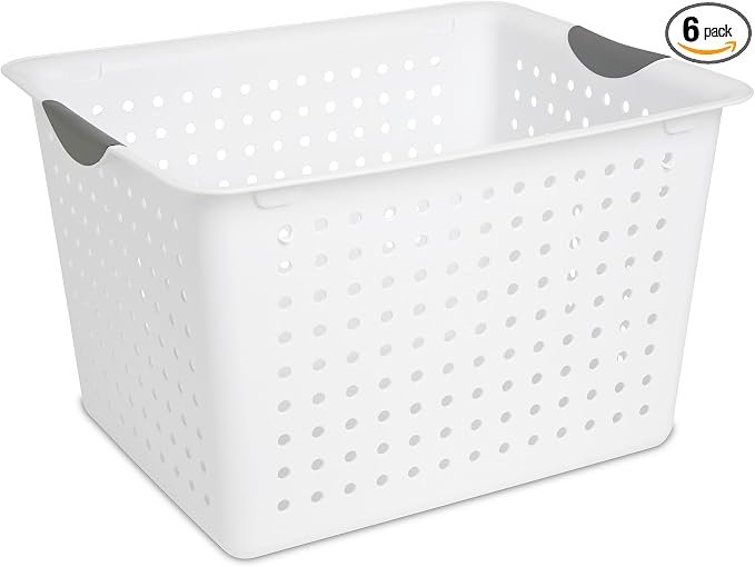 Sterilite Deep Ultra™ Basket, Open Plastic Storage Bin, White, 6 Pack | Large Open Containers and Bins for Pantry Shelves, Kitchen Cabinets, Laundry, Closets, Dorm Rooms, Classrooms & Bathrooms by Sterilite