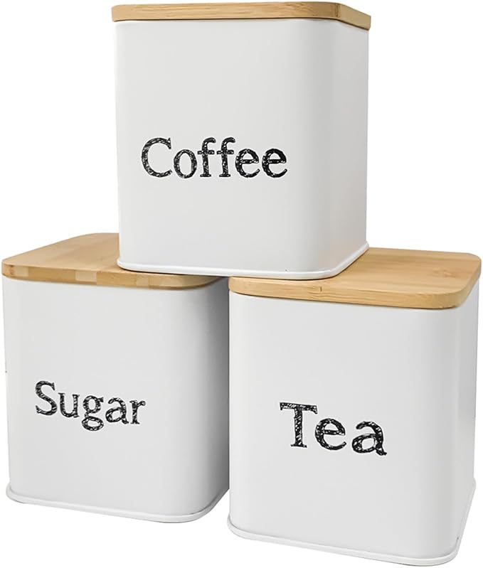 SOTECH Bread Box with 3pcs Jars Coffee Sugar Tea for Kitchen Countertop White Metal Bread Box with Bamboo Board Cover Pastry Storage Container Set Kitchen decor (white box with jars) - Image 4