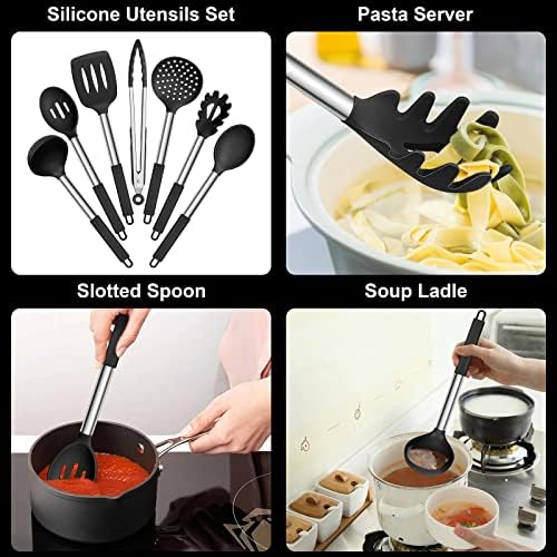 E-far Mixing Bowls with Lids Set of 3 with Silicone Cooking Utensils Set of 7, Nesting Bowls for Baking Cooking and Prepping, Heat Resistant Kitchen Utensils with Stainless Steel Handle - Image 5