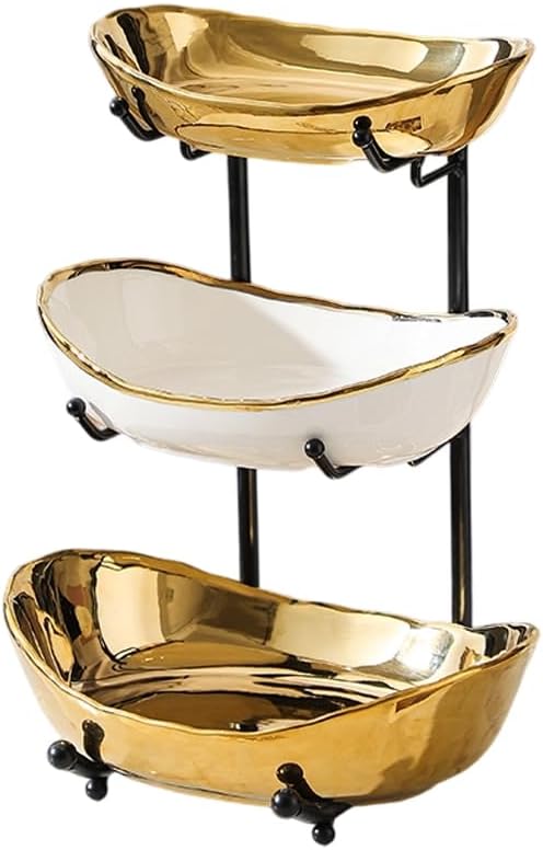 3 Tier Fruit Bowl for Kitchen Counter,Ceramic Bowl with Metal Stand,3 Tier Fruit Basket for Vegetable Bread Candy Snack Nuts Dessert Cake Tray (Gold Bowl Black Rack) by jessie