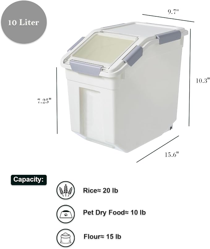 10 Liter / 20 lbs Rice Storage Container with Measuring Cup, BPA free, For Rice | Grain | Pet Food | Flour, 1 count, White - Image 3