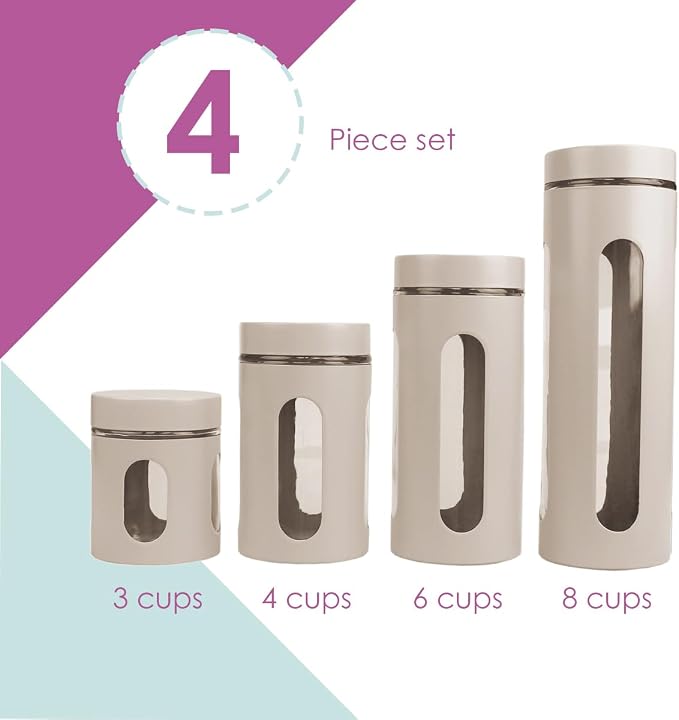 Retro Kitchen Canisters For Countertop (4 Piece Set) Grey By Home Basics - Glass with Metal Finish; See-Through Windows; Great For Flour, Coffee, Sugar, Dry Ingredients, Snacks | Glass Canister Set, Metal Finish, Clear Viewing Windows, Twist-Off Lids, ... - Image 4