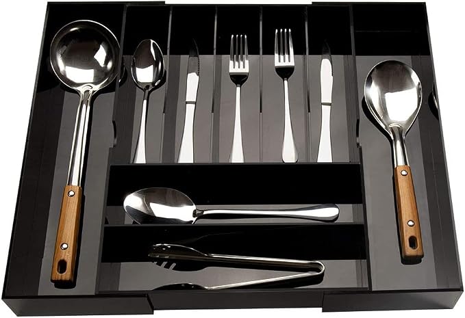 NIUBEE Acrylic Utensil Silverware Tray for Drawer, Cutlery Organizer, Black | Expandable Silverware Organizer for Flatware, 9 Compartments Adjustable Utensil Organizer,Clear Silverware Holder for Kitchen - Image 7