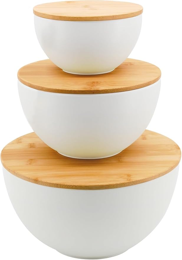 ECOWAY Salad Bowl Set of 3 with Bamboo Wooden Lids, Mixing Bowls Set, Nesting Bowls for Space Saving Storage, Made with Durable Eco-Friendly Bamboo Fiber, Great for Prepping and Serving Food, White by ECWAY