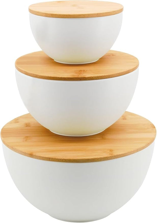 ECOWAY Salad Bowl Set of 3 with Bamboo Wooden Lids, Mixing Bowls Set, Nesting Bowls for Space Saving Storage, Made with Durable Eco-Friendly Bamboo Fiber, Great for Prepping and Serving Food, White by ECWAY
