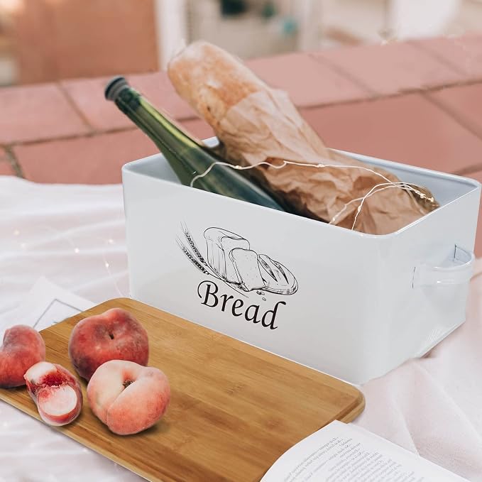 SOTECH Bread Box with 3pcs Jars Coffee Sugar Tea for Kitchen Countertop White Metal Bread Box with Bamboo Board Cover Pastry Storage Container Set Kitchen decor (White Box) - Image 3