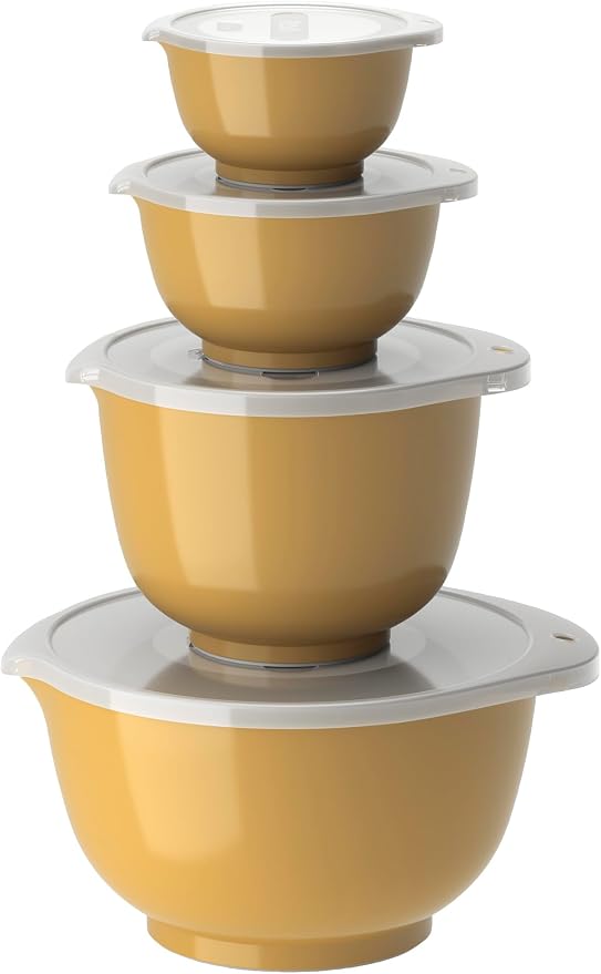 Rosti Margrethe Set of 4 Plastic Mixing Bowls - 4 Lids Included - Airtight Salad Bowls - Airtight Salad Bowls - 0.25 Litre, 0.5 Liter, 1.5 Litre and 3 Litre, Curry by Rosti
