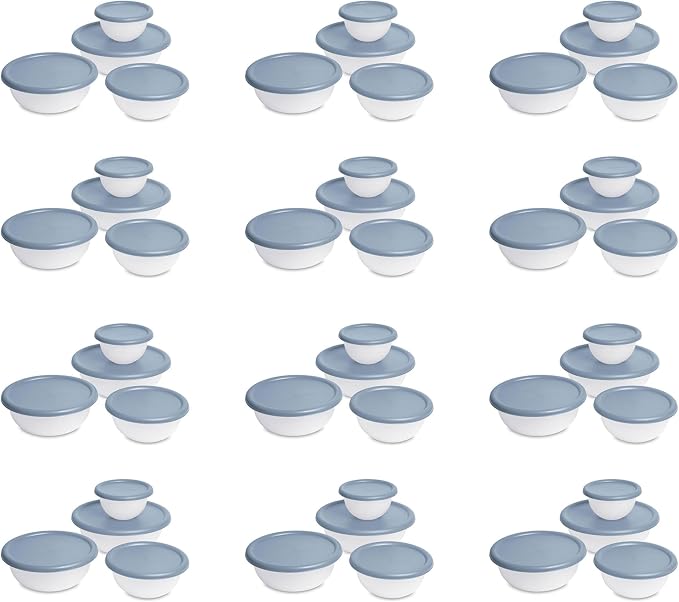 Sterilite Covered Bowl Set, Plastic Nesting Kitchen Mixing Bowls with Pour Spout, Meal Prep Food Storage Containers with Lids, Washed Blue (Set of 12) by Sterilite