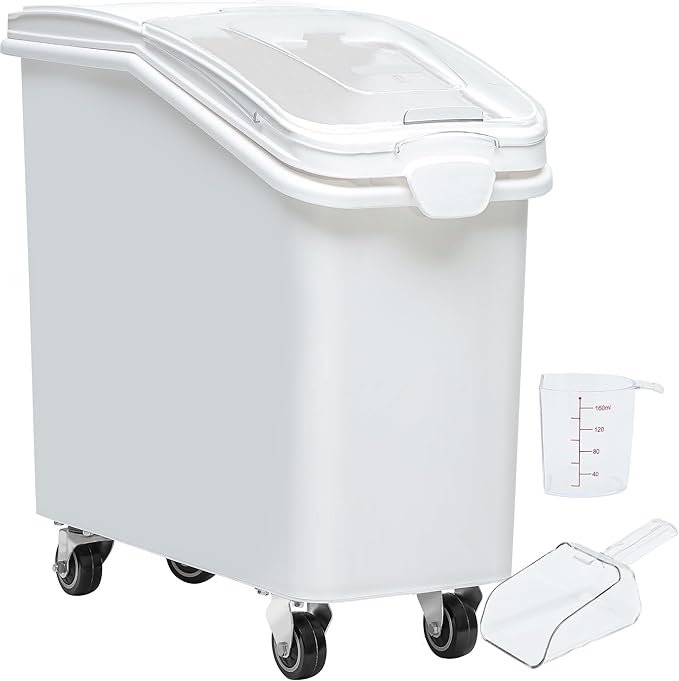 YITAHOME 27 Gallon Ingredient Bin, Commercial Food Container with 625 Cups, Large Flour Storage Container Bin with 360° Wheels, Scoop and Lid for Kitchen, White by YITAHOME