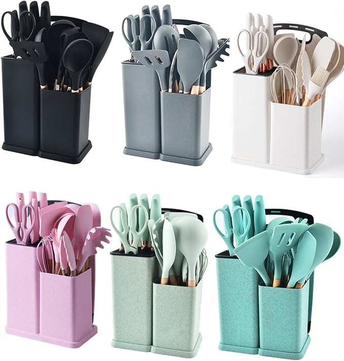 19 Pieces Kitchen Utensils and Knife Set with Block, Inldued 9 Pieces Silicone Cooking Utensils Set 5 Pieces Sharp Stainless Steel Chef Knives Scissors Whisk Tongs and Cutting Board (BEIGE) - Image 3
