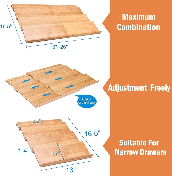 Bamboo Spice Drawer Organizer, 4 Tier Expandable From 13" to 26" - Image 4