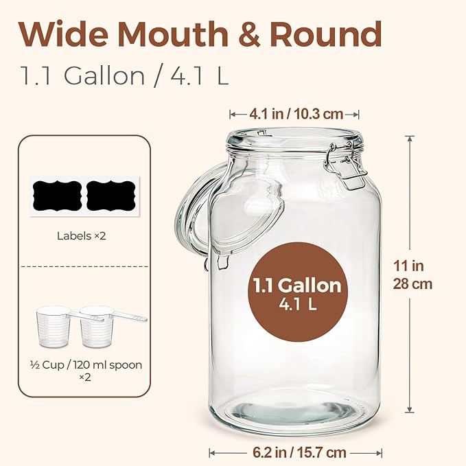 ComSaf Large Glass Jars with Airtight Lids 1.1 Gallon 2 Pack Wide Mouth | Flour sugar rice, Kombucha kimchi, Sourdough pickling, Pantry organization, Pickling fermenting, Cabinet organization - Image 2