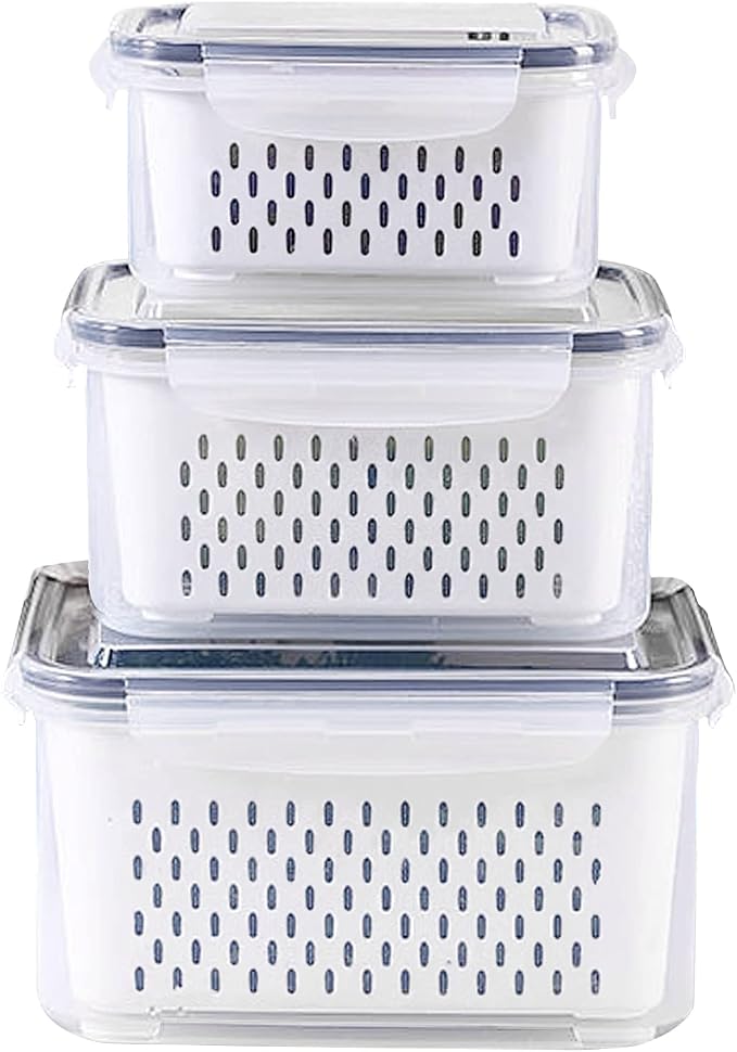 3Pack Fridge Food Storage Container Set with Lids with Strainer,Plastic Fresh Produce Saver Vegetable Fruit Meat Storage Organization, BPA-Free Plastic Produce Keepers(3.15L+1.7L+0.8L) by Ronanemon