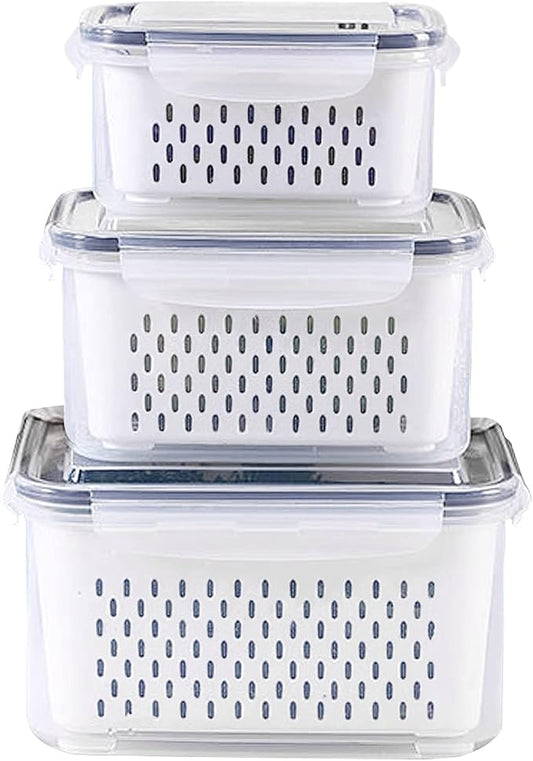 3Pack Fridge Food Storage Container Set with Lids with Strainer,Plastic Fresh Produce Saver Vegetable Fruit Meat Storage Organization, BPA-Free Plastic Produce Keepers(3.15L+1.7L+0.8L) by Ronanemon