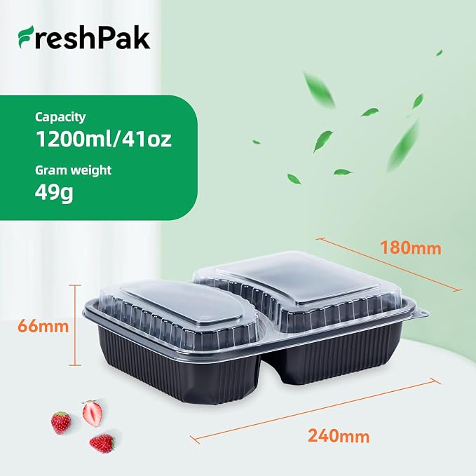40 Pack 41oz Meal Prep Containers - Shrink Wrap Ready To Use | Reusable Leakproof 2 Compartment To Go Boxes | BPA-Free, Microwave & Freezer Safe | Portion Control Takeout Food Storage - Image 2