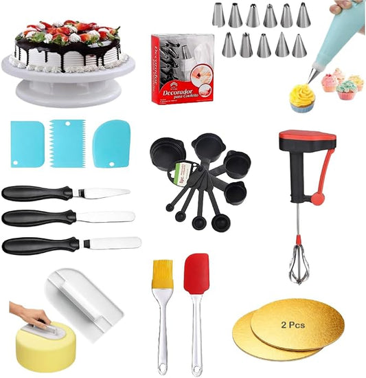 Cake Decoration Kit with 360-Degree Rotating Turntable Table,12 Piece Cake Decorating Nozzle,Plastic Hand Mixer,Scraper Set, Silicone Spatulaa,Smoother,Rose Cutter,Knif (Combo 11) by Unknown