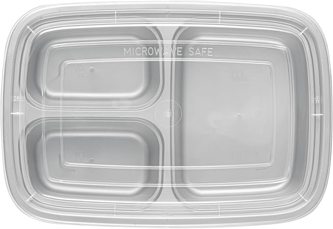 Asporto 26 Ounce Compartment Take Out Boxes, 100 Microwavable Meal Prep Containers - 3 Compartments, With Clear Plastic Lids, Silver Plastic Food Containers, Do Not Contain BPA - Restaurantware - Image 16