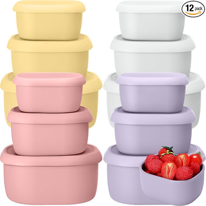 12 Pcs Silicone Food Storage Containers with Lids,Macaroon Color | Reusable, 3 Size Silicone Lunch Box Bento, Freezer Dishwasher Safe, 6.7oz, 10oz, 20oz by Blushtier
